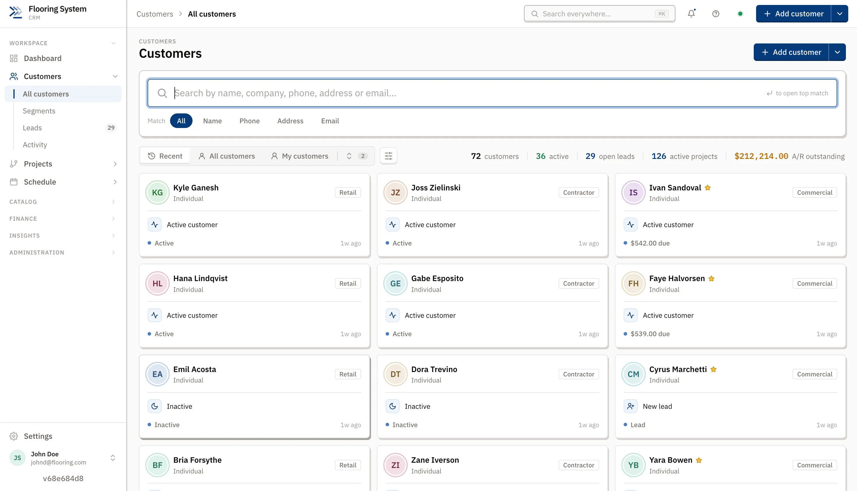 Customer list with search, filters, and status for each customer