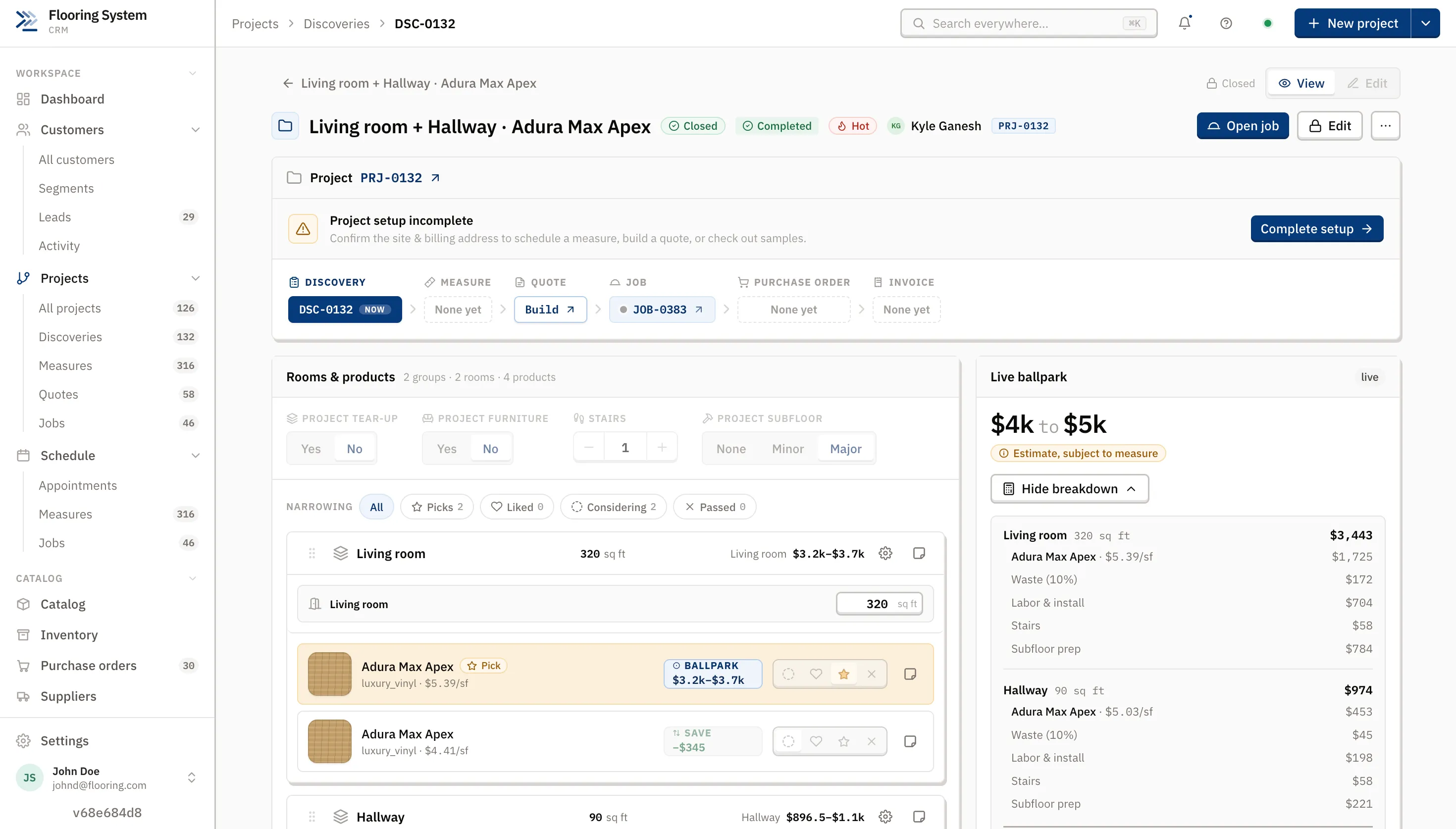 Discovery screen with rooms, products, and a live ballpark price