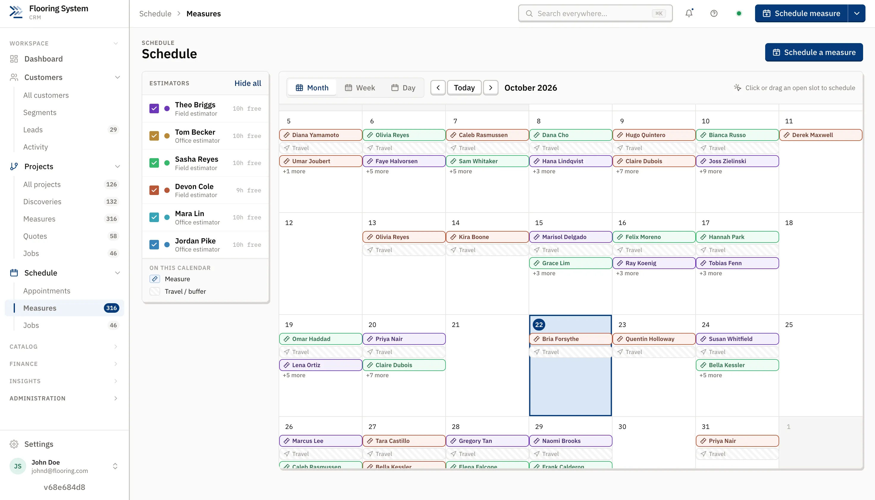 Month calendar of measures by estimator, with travel time blocked out